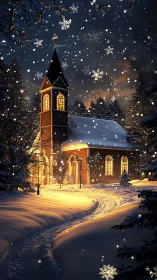 Snowy winter church at night with glowing warm windows.