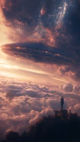 Stargazer meets silent starship above a cloudlit horizon