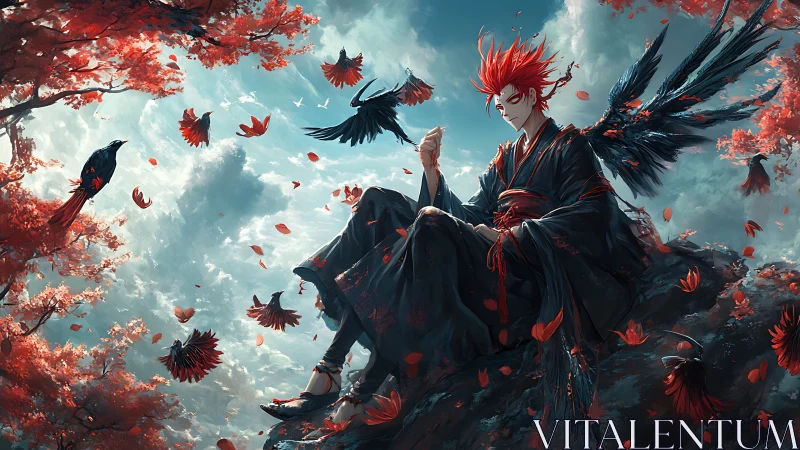 Crimson crowlord on stormlit cliff of drifting petals.