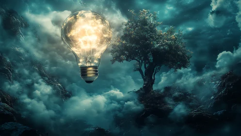Glowing dreamlike light bulb guiding a lone enchanted tree.