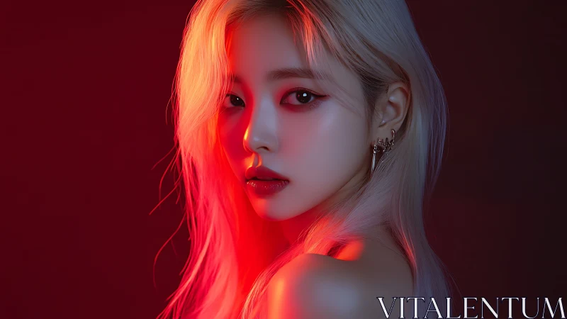 Neon-lit portrait captures intense gaze in deep red glow.