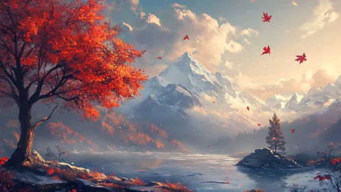 Crimson maple whispers over snowlit mountain river hush.