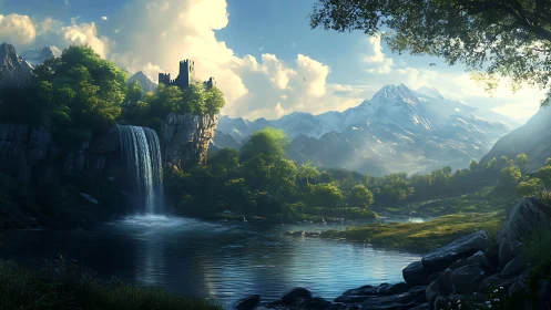 Sunlit waterfall castle rests quietly beneath snowy peaks
