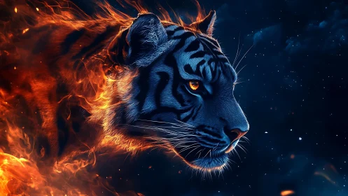 Tiger head in profile rendered with fire and deep blue tones.