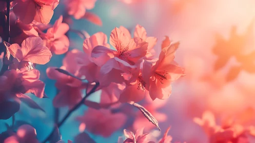 Pink Flowers Backlit by Golden Hour Light.