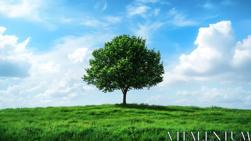 Lone Green Tree on Grassy Hill Under Bright Blue Sky, Realistic Style.