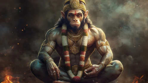Serene warrior monkey deity resting in golden sacred glow.