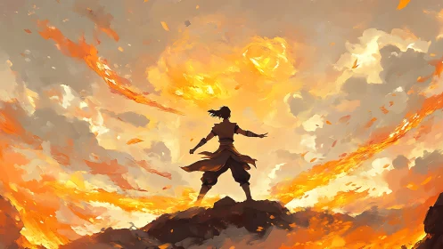 Warrior Silhouette Rising Through Inferno Clouds