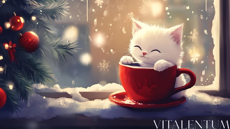 Winter-lit white kitten in red cup against softly glowing window