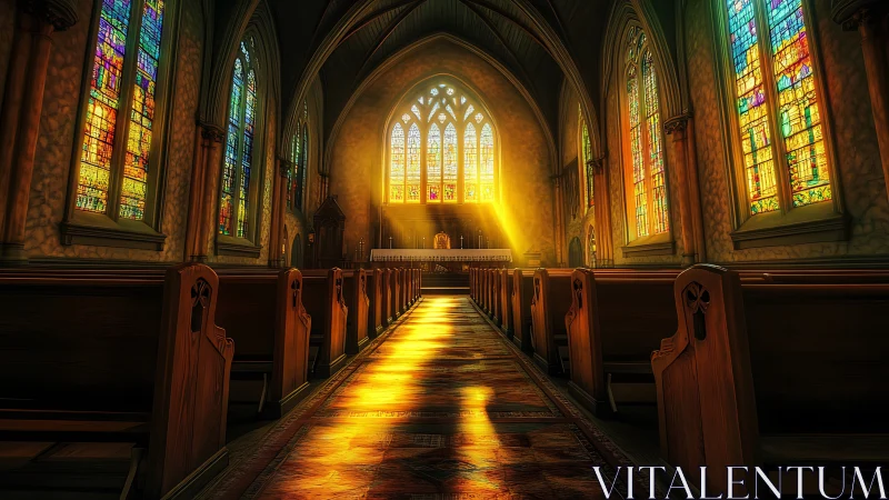 Radiant nave illumination through stained glass apertures.