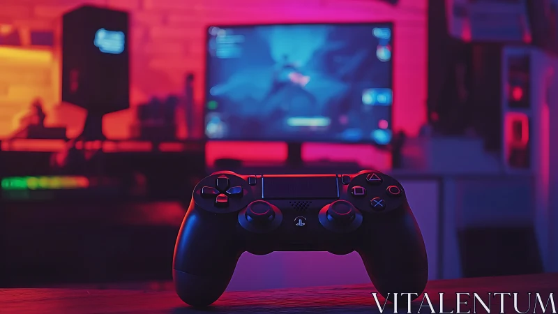 DualShock controller in shallow depth gaming setup under neon