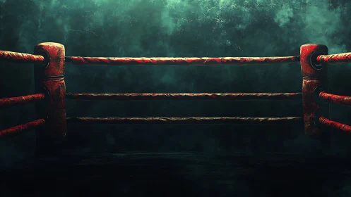 Boxing ring with red rope and metal fixtures against atmospheric backdrop