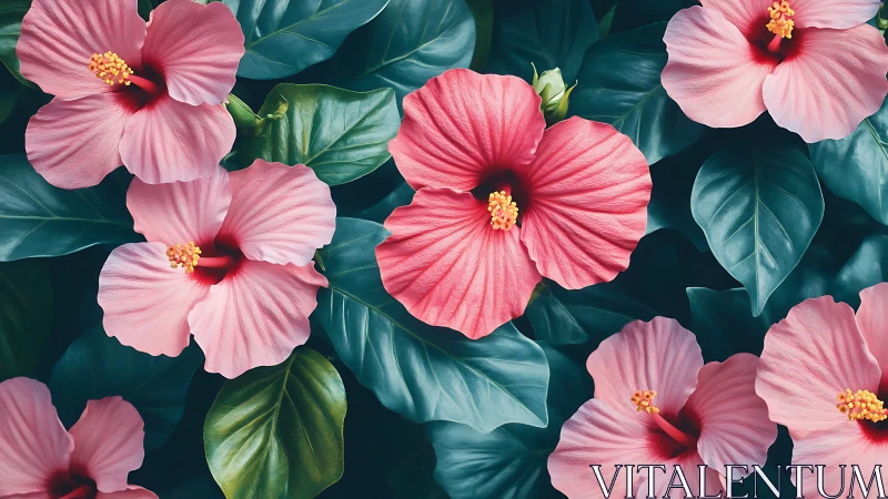 Hibiscus Blooms Dance: Pink Petals Waltz Against Deep Teal