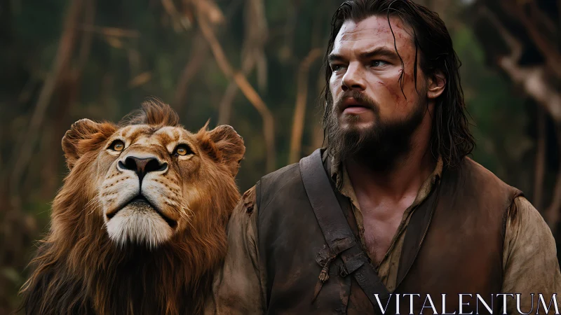 Bearded man with lion in detailed wilderness scene