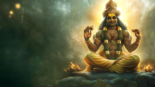 Seated multi-armed deity figure in radiant golden environment.