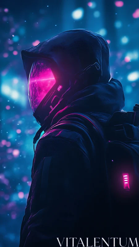 Neon-helmed wanderer drifts through electric cosmic haze.