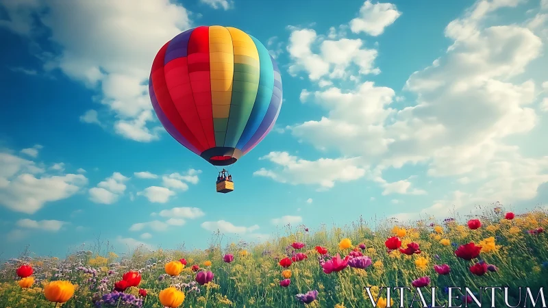 Multicolored hot air balloon ascends above saturated wildflower field