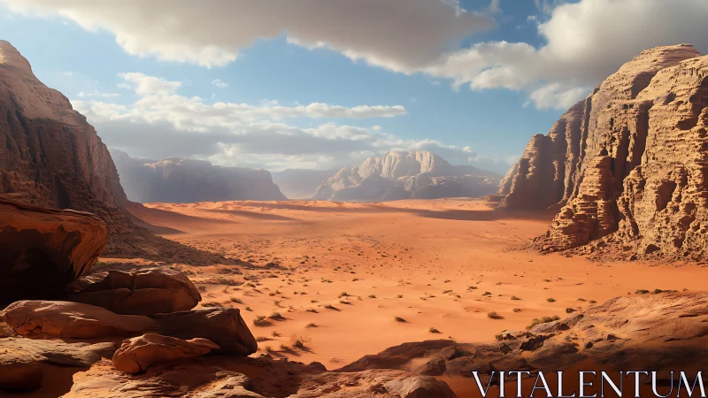 Sun-carved desert canyon under a sky of wandering clouds.