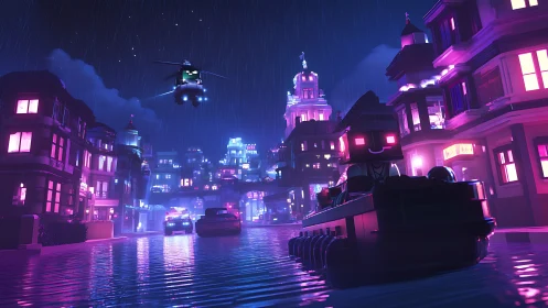Neon voxel canal chase in cinematic cyberpunk nightscape.