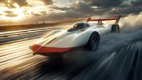 Sunset storm racer slicing horizons at molten speed.