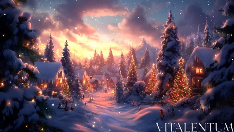 Snowy Christmas village glows under vivid sunset sky