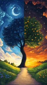 Symbolic tree divides swirling day, night, and seasons.