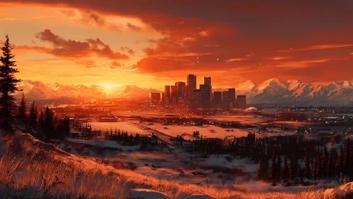 Sunset city skyline over snowy valley and mountains.