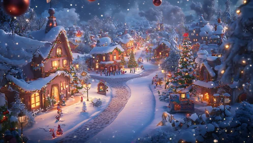 Cozy Christmas village glowing with snowlit holiday cheer.