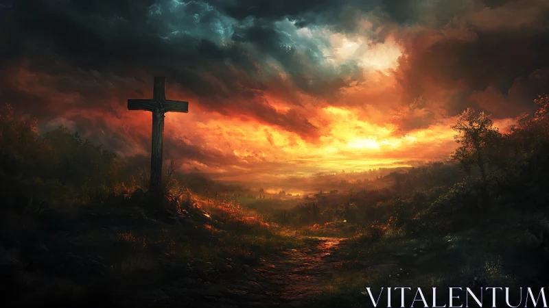 Sunset cross watching over a glowing valley path.