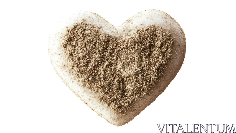 Heart-shaped object coated with granular beige and tan powder.