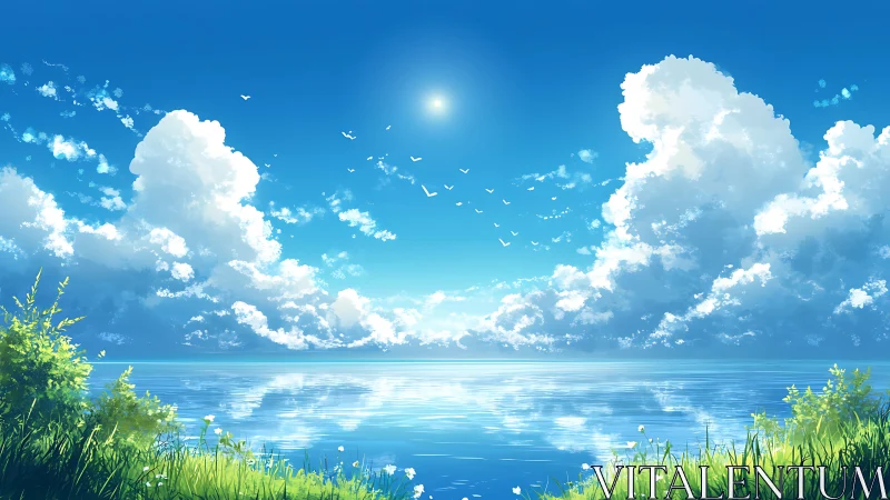 Serene coastal horizon under towering summer clouds at noon.