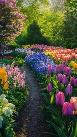 Spring Garden Pathway Through Blooming Tulips.