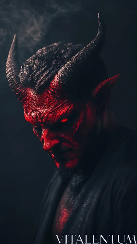 Demonic horned portrait in low key cinematic red lighting.