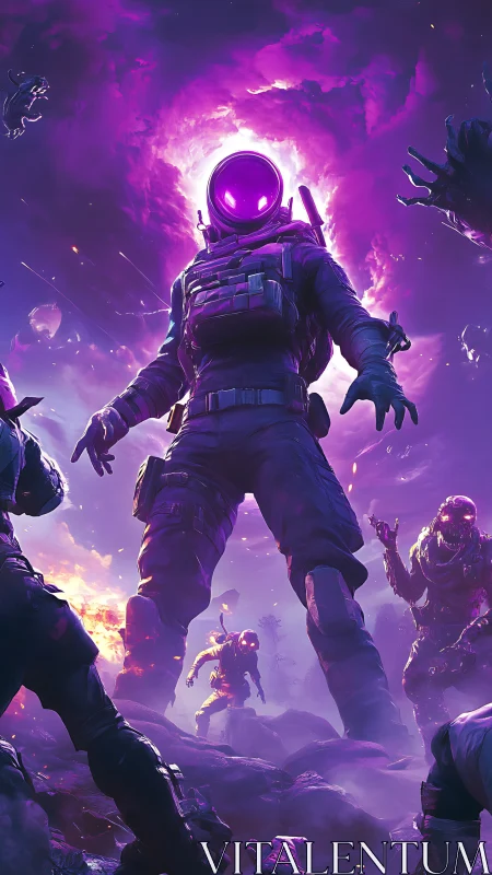 Void-lit astronaut strides through neon cosmic battlefield