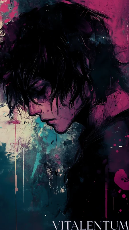 Melancholic side profile in neon abstract splatter portrait.