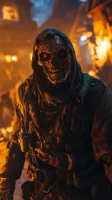 Hooded skeletal wraith in firelit alleyway environment.