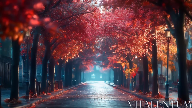Quiet autumn avenue glowing with soft morning light.