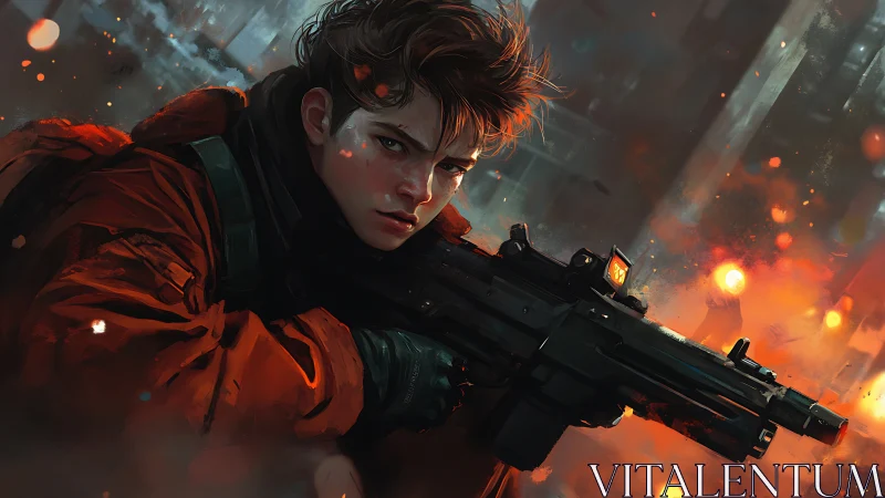 Embers swirl as a determined young fighter steadies their aim