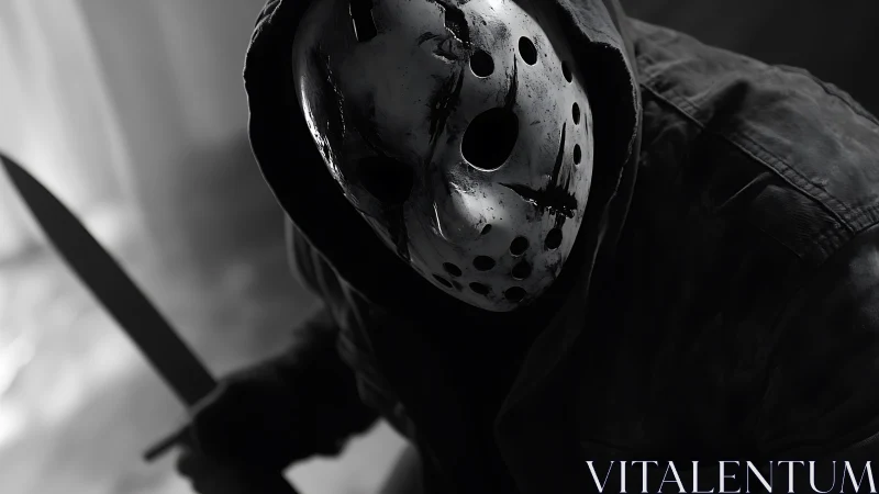 Hockey mask stalker crouched in shadowy monochrome dread.