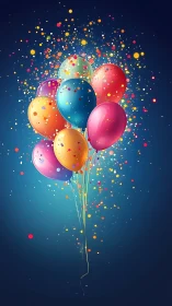 Colorful Balloons with Confetti Explosion on Dark Background.