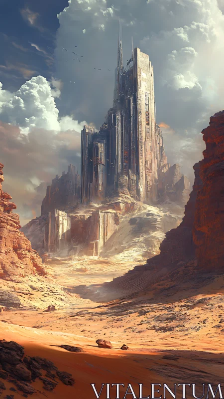 Monolithic sci-fi citadel rises from stratified desert canyon