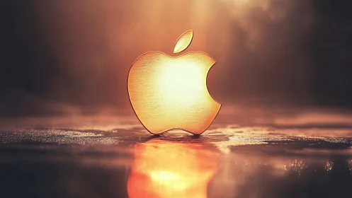 Golden metallic apple emblem in cinematic 3D illumination.