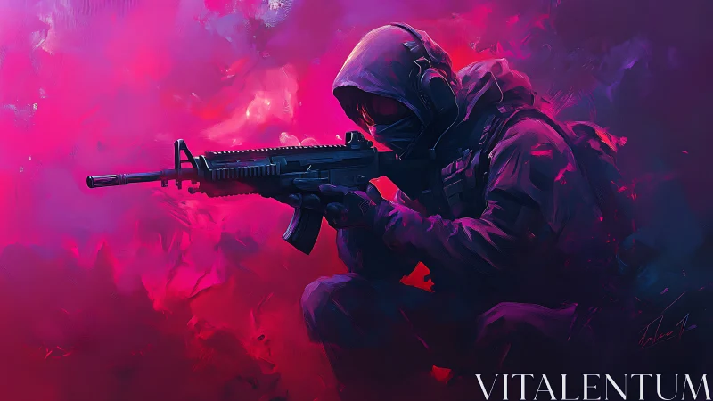 Tactical operator kneeling with carbine in neon magenta fog