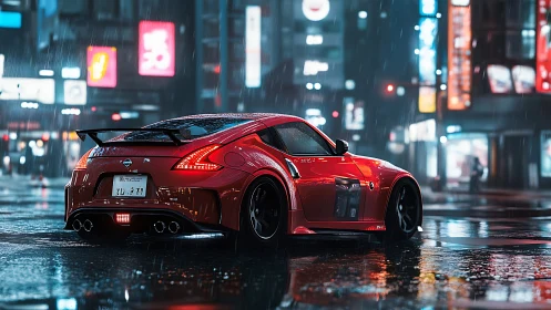 Midnight red sports car gleams softly on a rainy neon street