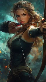 Warrior archer in dynamic draw pose against turbulent teal vortex