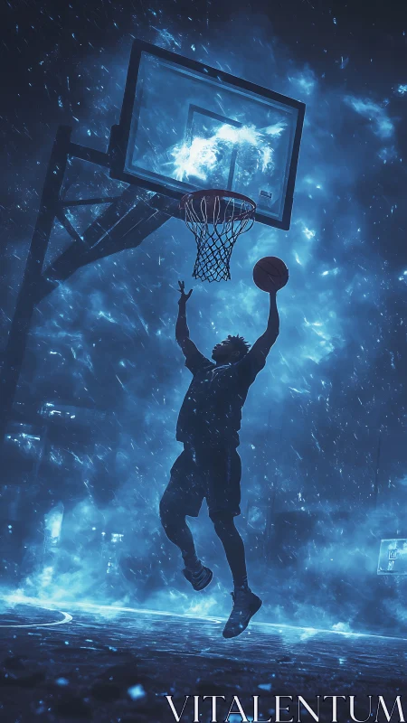 Neon street basketball dunk under stormlit night sky.