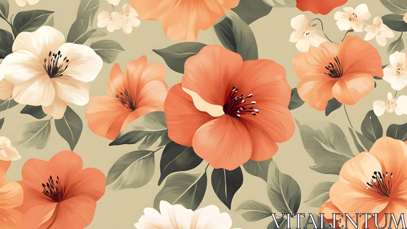 Coral Blooms Dance Across Sage Canvas with Delicate Florals