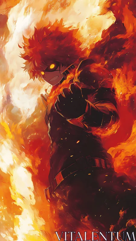 Blazing hero rising through swirling storms of fire.
