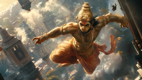 Mythic warrior leaping over smoky ancient cityscape.