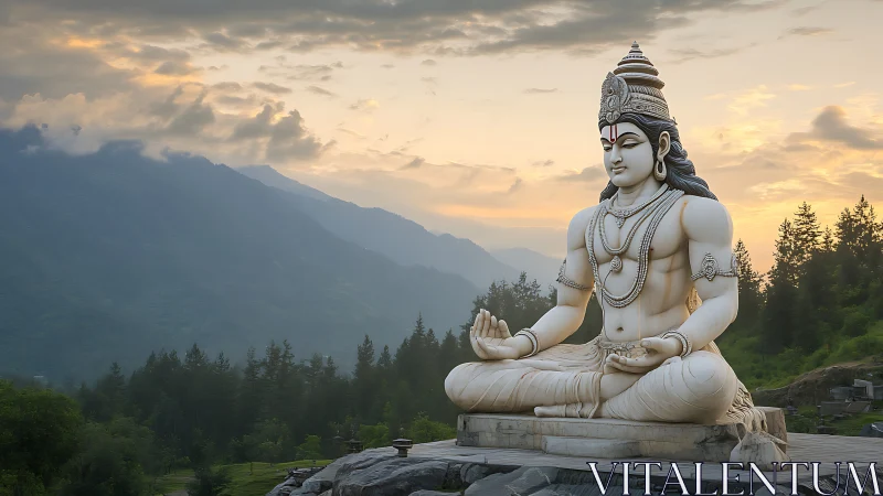 Mountain sunrise with serene Shiva statue in meditation.